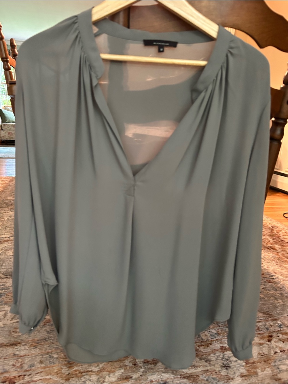 Olivaceous Sage Green V-Neck Long Sleeve Blouse